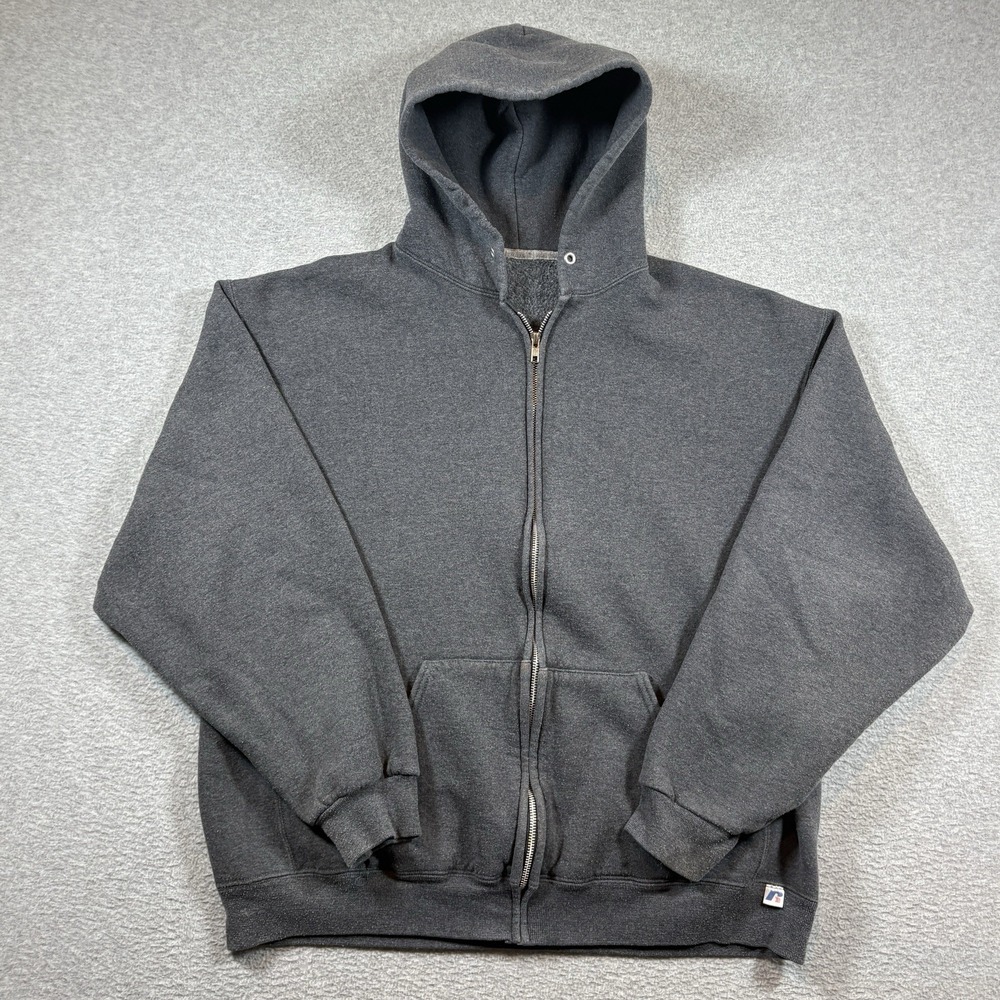 Vintage Russell Athletic Zip Hoodie Charcoal Grey Blank Sweatshirt Mens XL Y2K